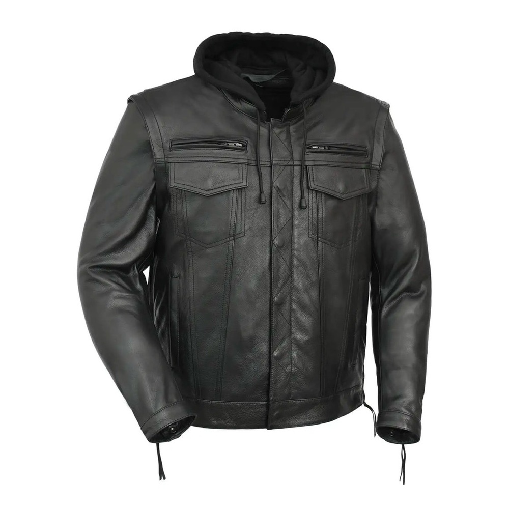 Men's Black Leather Jacket with Hood